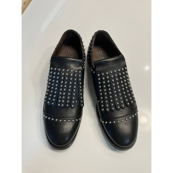BOEMOS Black Silver Leather Studded Fringe Wingtip Slip On Loafers Size 36 - Picture 6 of 13